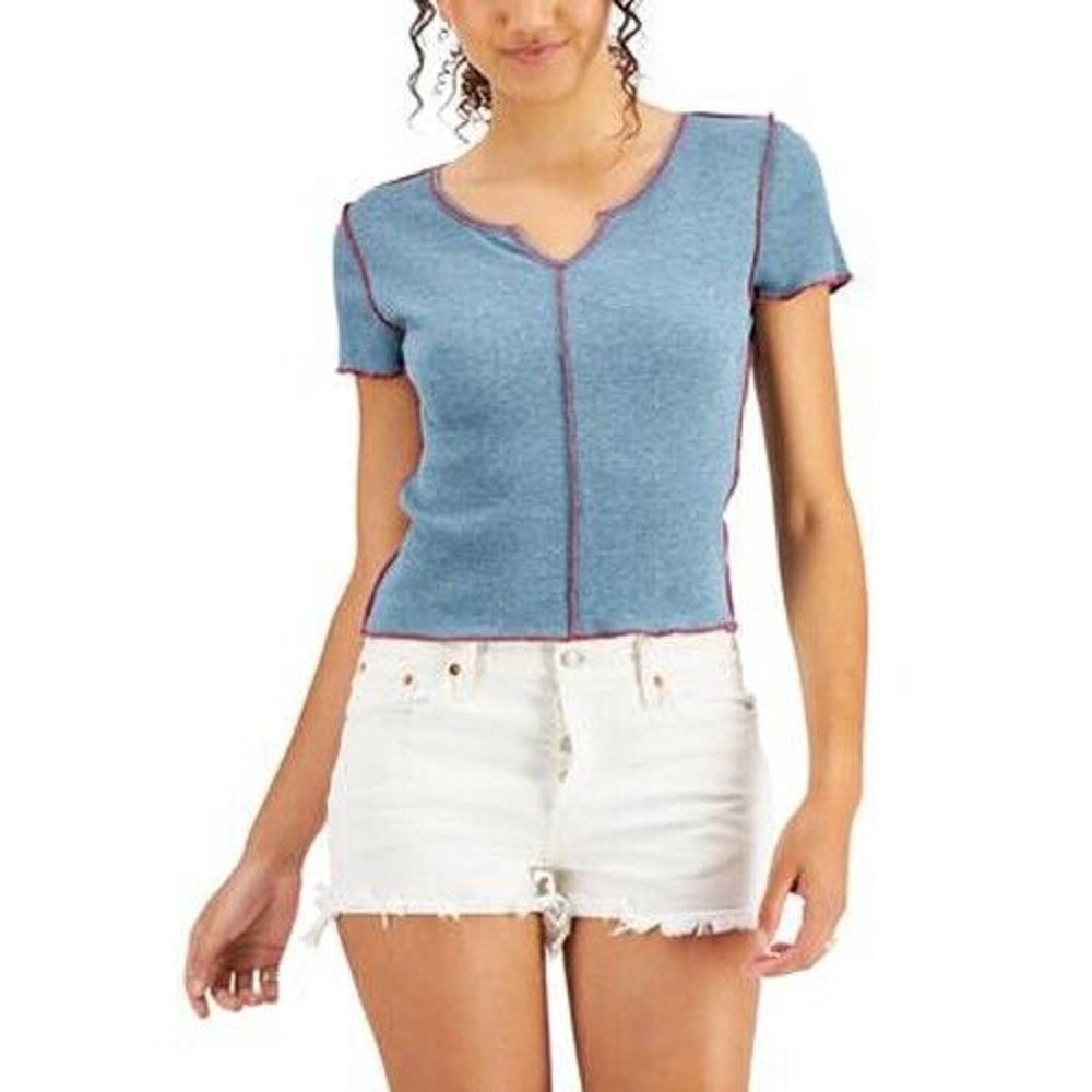 JR560 Hooked Up by Iot Blue Juniors' Contrast-Stitch Seam Top Size S